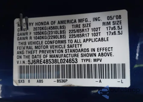 2008 Honda Cr-V Ex from USA, damaged, VIN 5J6RE48538L024653
